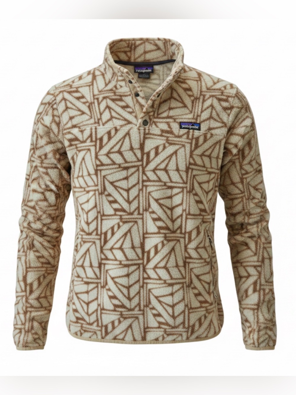 KAVU Youth Medium Fleece Snap Pullover Cream Tan Geometric Print Kangaroo Pocket